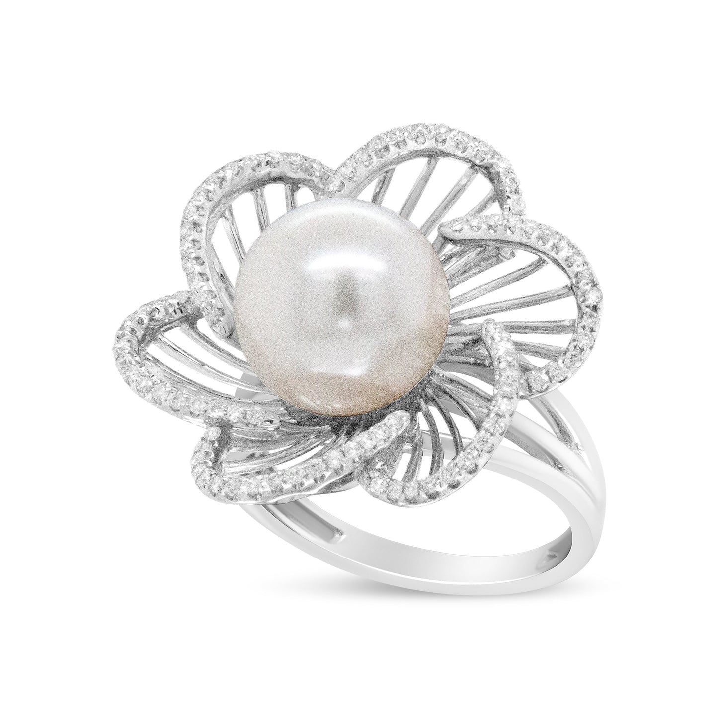 14K White Gold Pearl and Diamond Flower Blossom Ring - Size 6.50