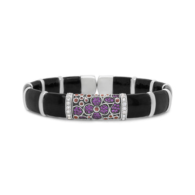 Pulsera de Brazalete Floral de Declaración de Plata Esterlina .925 con Diamantes y Zafiros