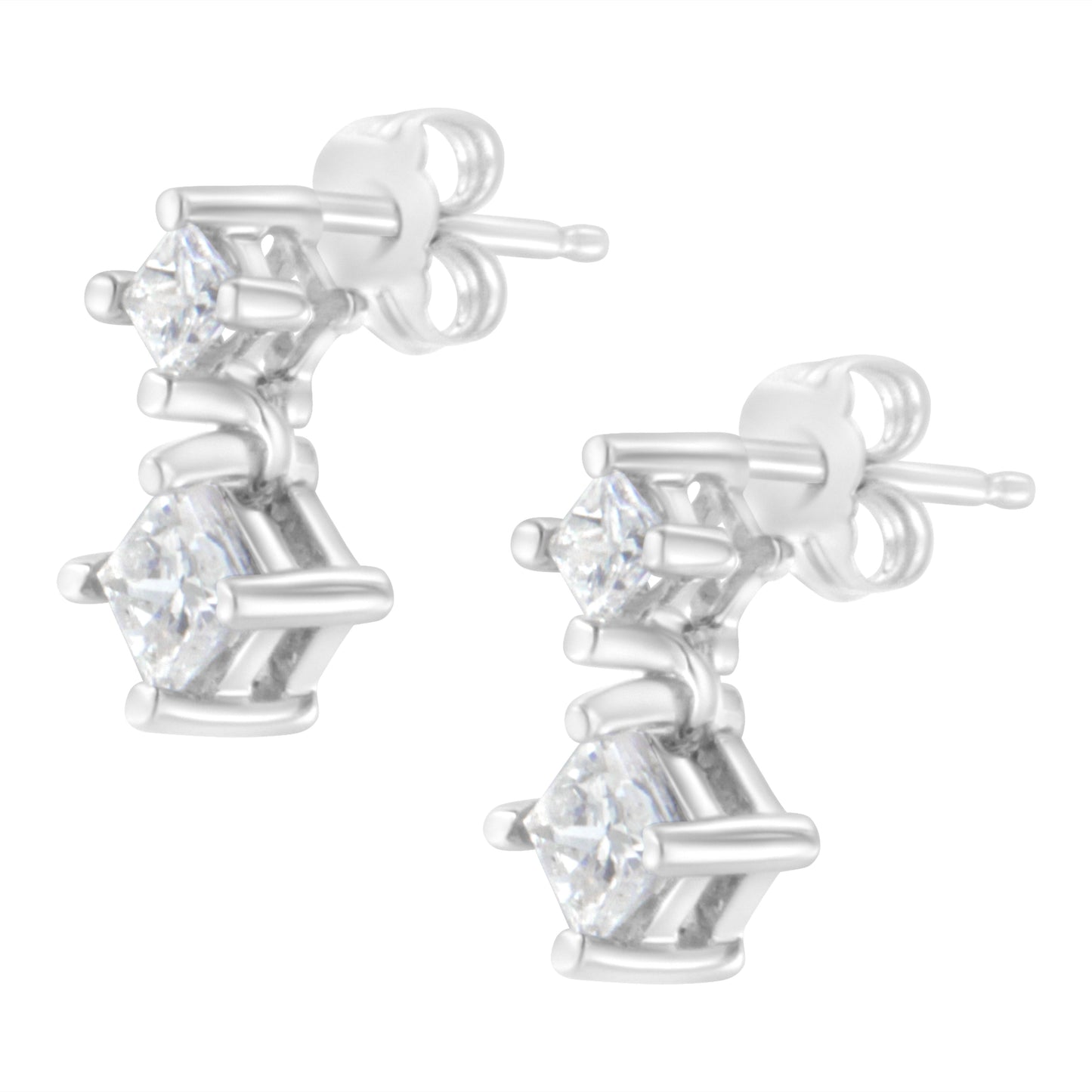 Pendientes de diamante en corte princesa de doble diamante en oro blanco de 14 quilates