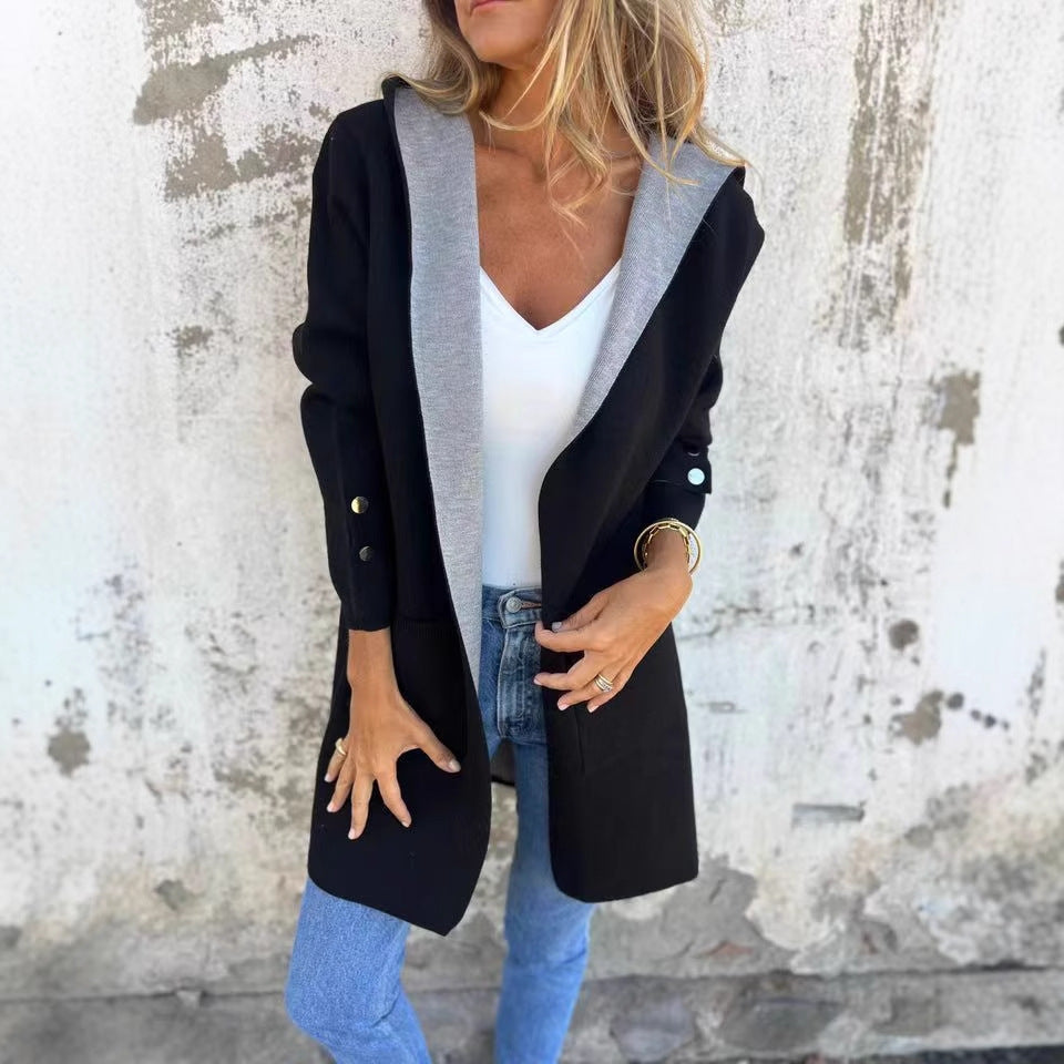 Manteau Cardigan Contrast Élégant pour Femmes avec Capuche