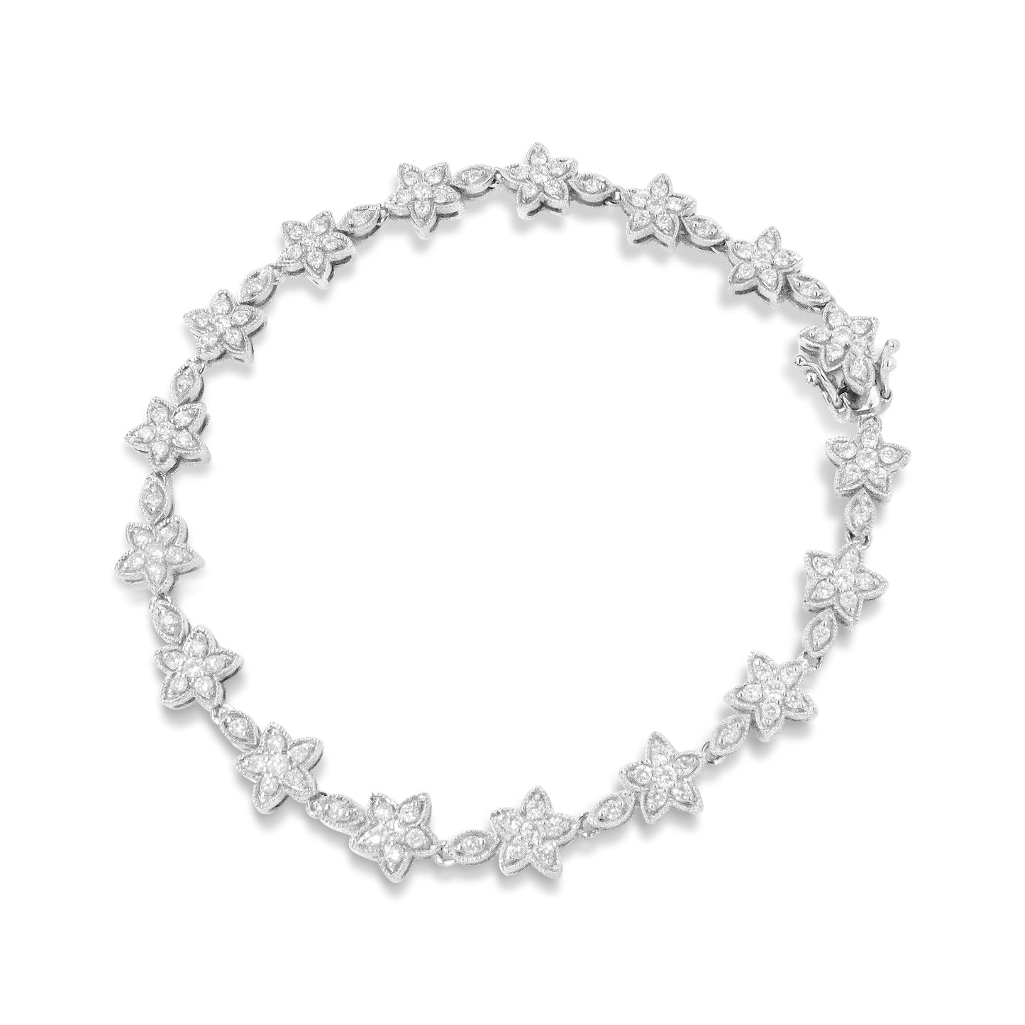14K White Gold Diamond Flower Blossom Link Bracelet - Size 7"