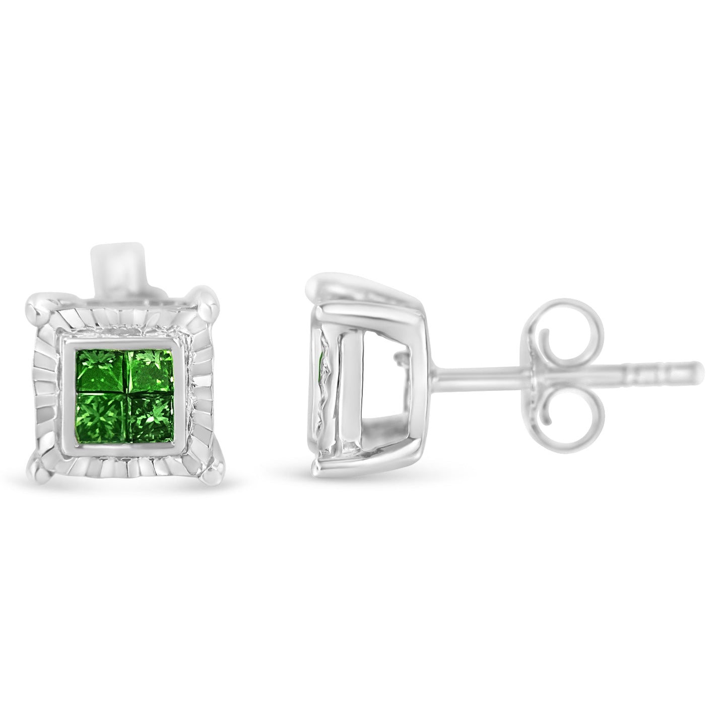 Sterling Silver Green Princess Diamond Quad Stud Earrings