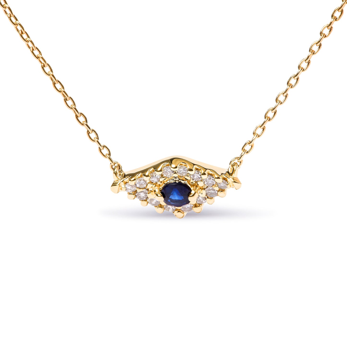 Collar con colgante de ojo malvado de zafiro azul y diamantes en oro amarillo de 10 quilates