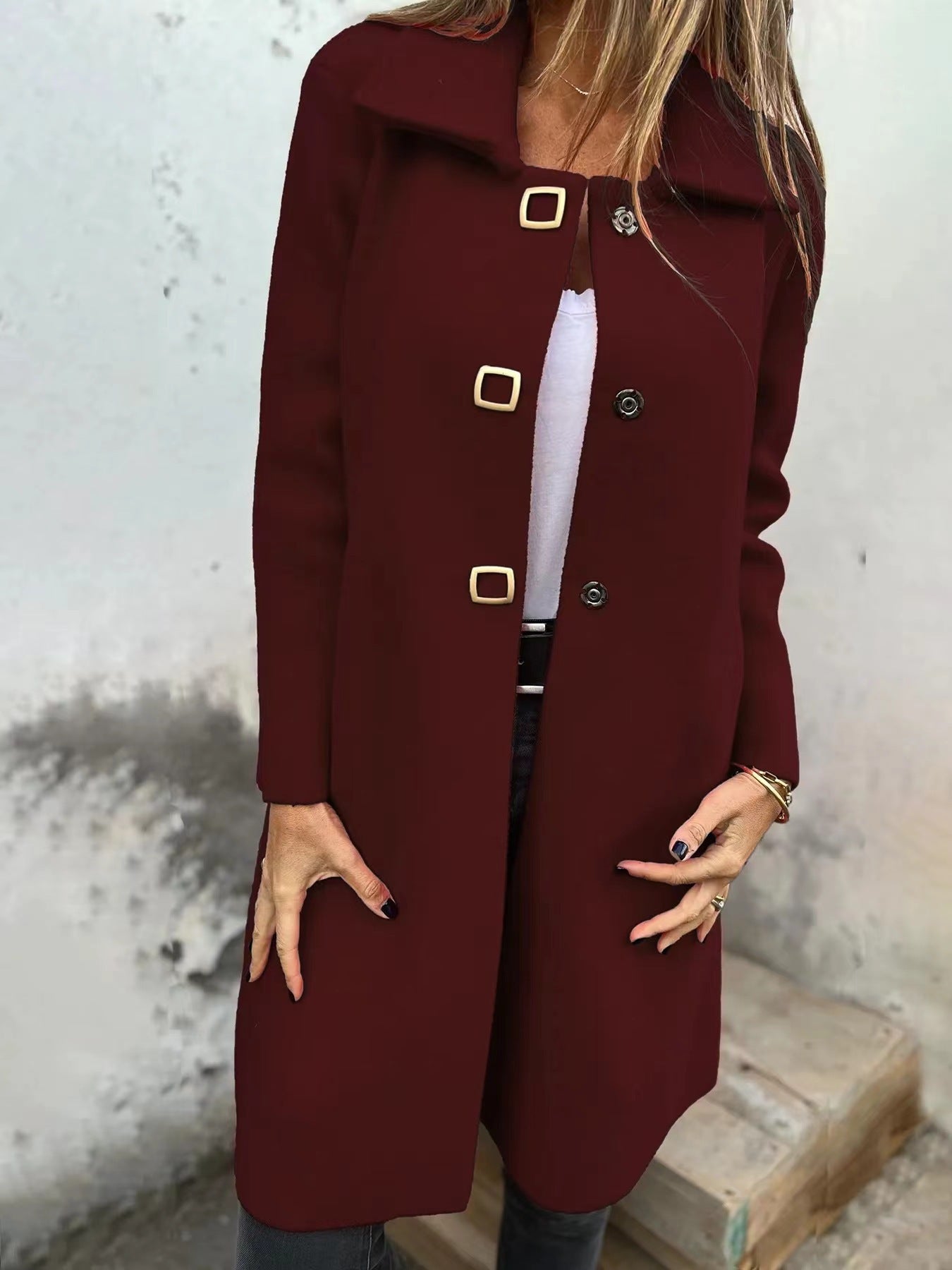 Abrigo de lana elegante para mujer de longitud media con diseño de botonadura simple