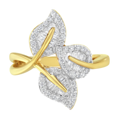 10k Yellow and White Gold Diamond Bypass Triple Leaf Ring - Size 7