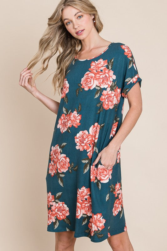 Vestido corto de camiseta con cuello redondo floral y bolsillos para mujeres