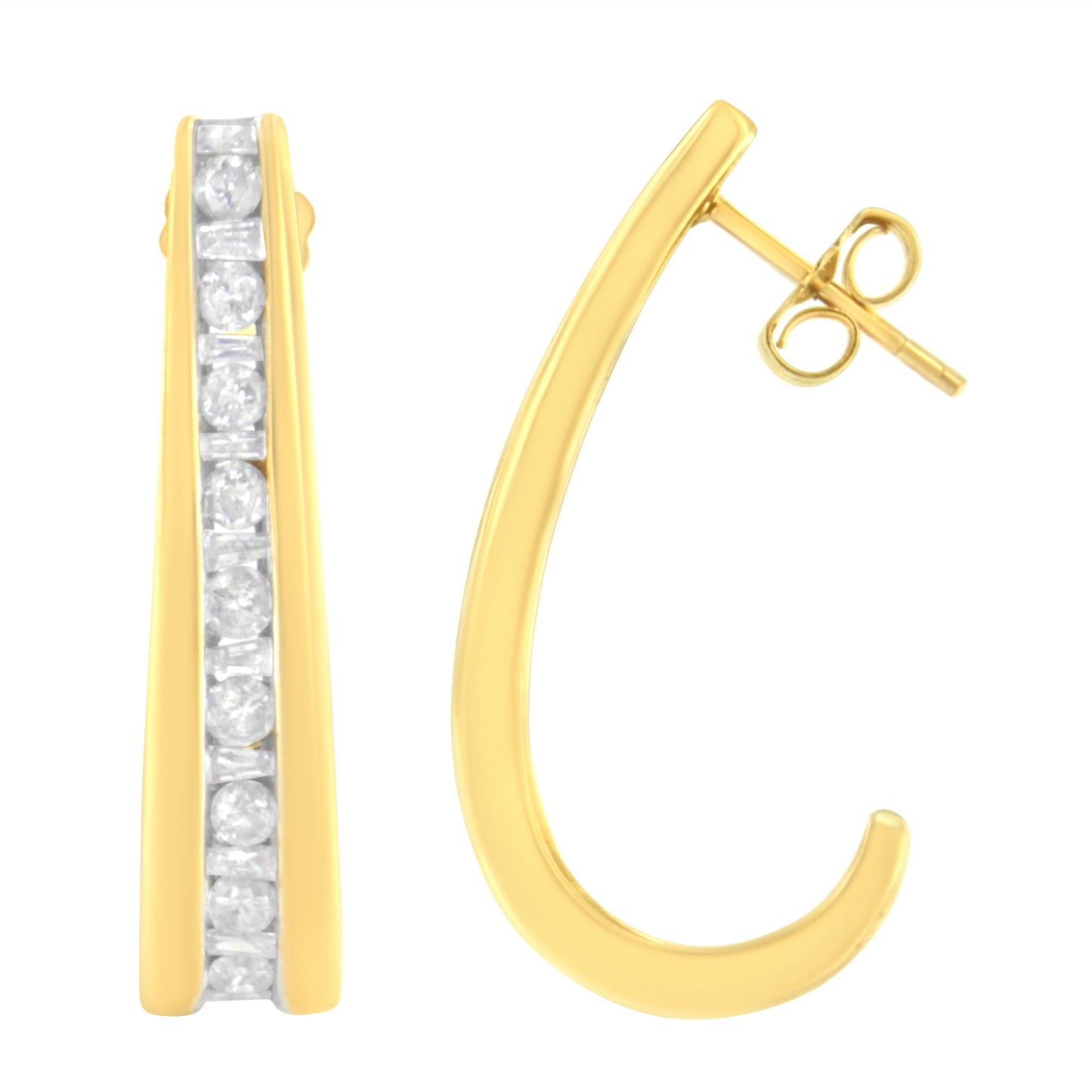 10K Yellow Gold Channel Set Diamond J-Hoop Earrings