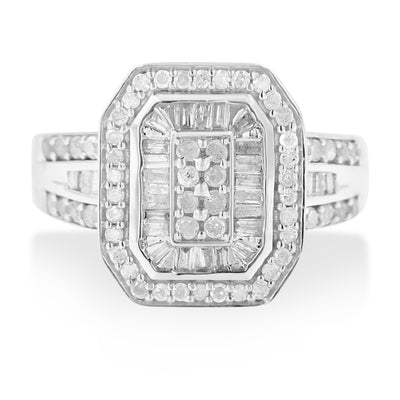 .925 Sterling Silver Diamond Elongated Octagon Cocktail Ring - Size 7