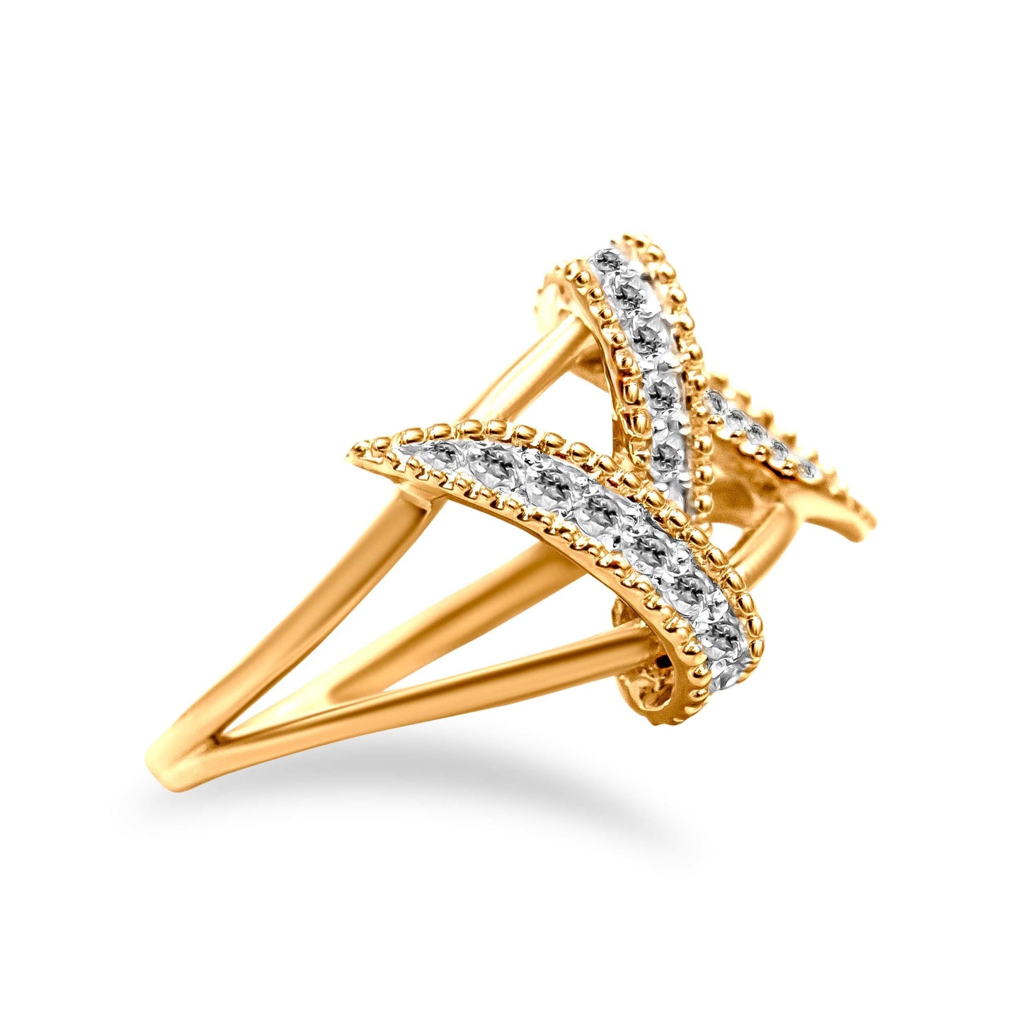 Anillo de Bypass Interlocking de Plata de Ley Baño de Oro de 14K con Diamantes - Talla 7