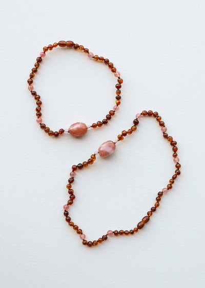 Cognac Baltic Sea Amber & Rose Quartz Necklace Set