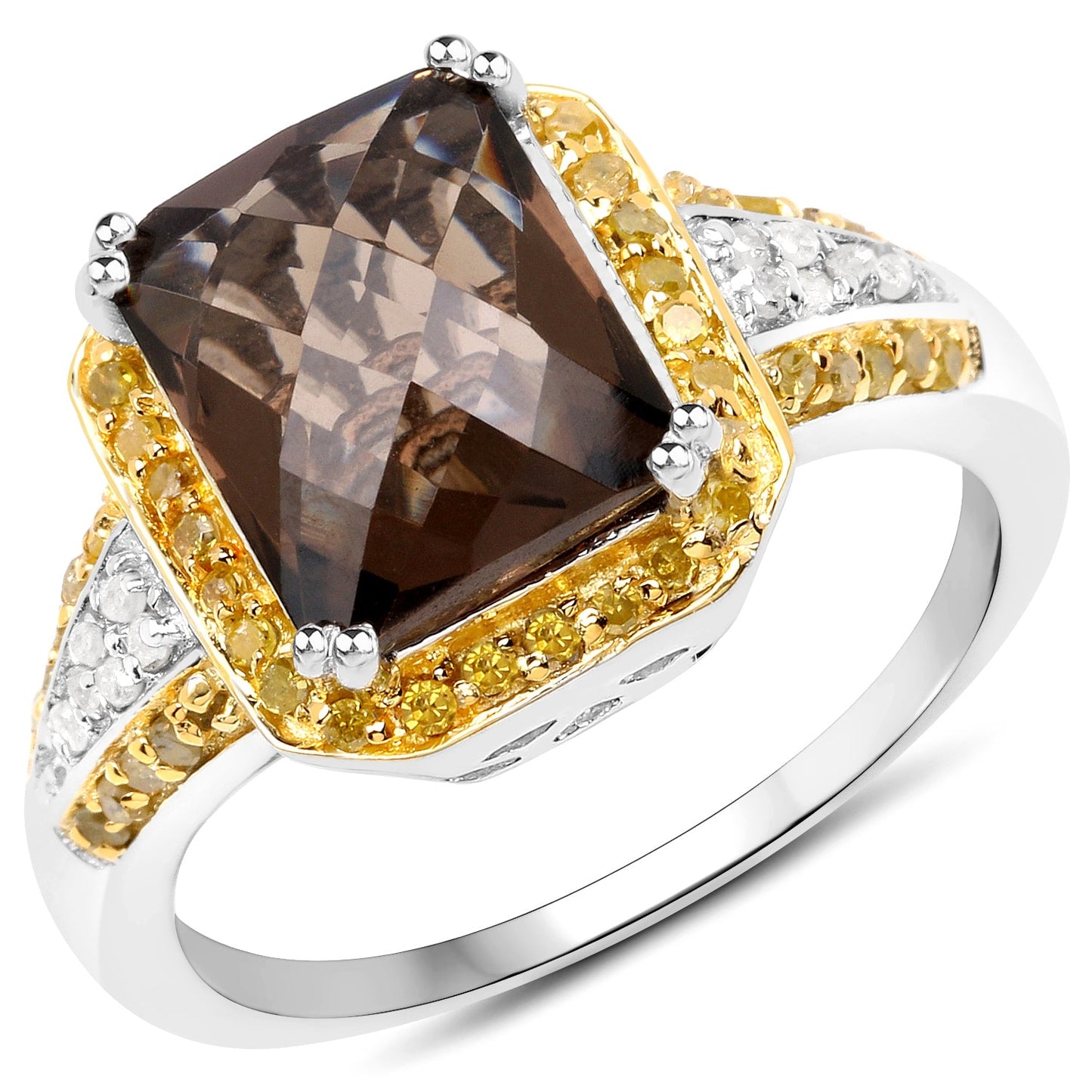 Bague cocktail en quartz fumé et diamants de 3,48 carats en argent sterling