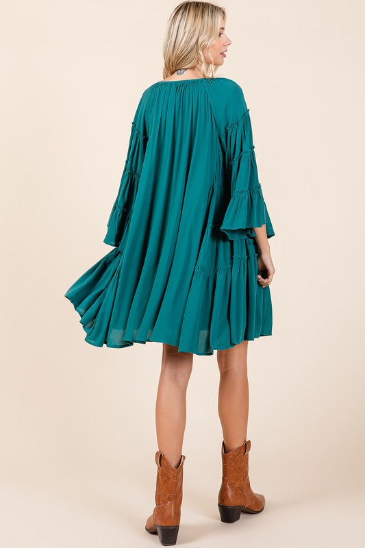 Chic Frill Tie Neck Bell Sleeve Dress for Women – A Perfect Blend of Elegance and Whimsy - Korvel