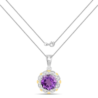 1.87 Carat Genuine Amethyst and Diamond Pendant in 14K Gold & Sterling Silver