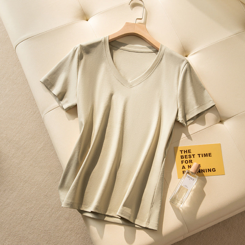 Camiseta de Algodón Puro para Mujer de Corte Suelto con Cuello Redondo y Cuello en V