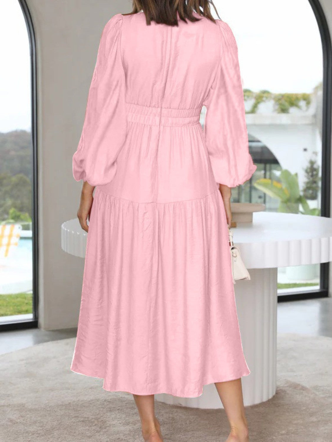 Elegant Lightweight Deep V-Neck Balloon Sleeve Maxi Dress