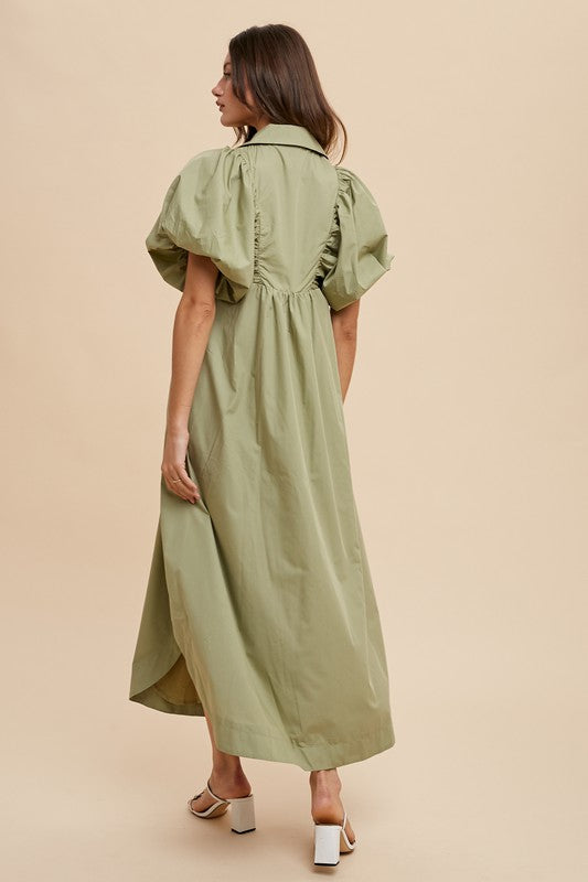 Vestido Midi de Manga Abullonada con Fruncido - Diseño Elegante y Moderno