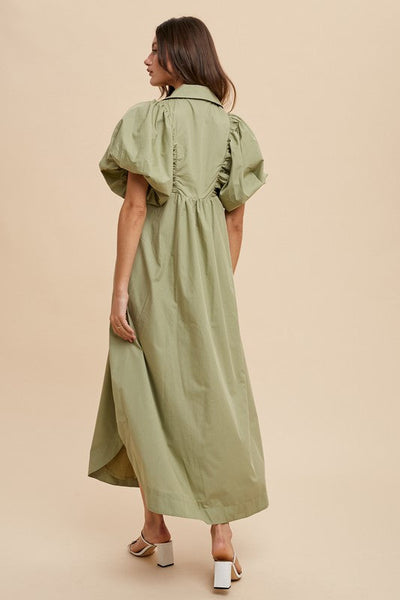 Smocked Puff Sleeve Midi Dress - Elegant and Trendy Design