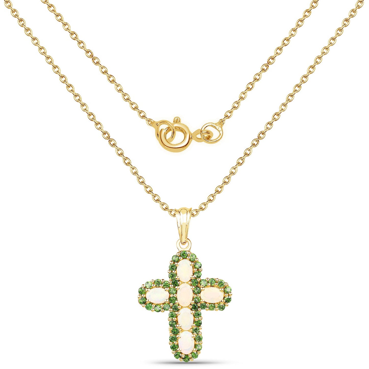Pendentif en Opale Éthiopienne et Diopside Chrome Plaqué Or Jaune 14K