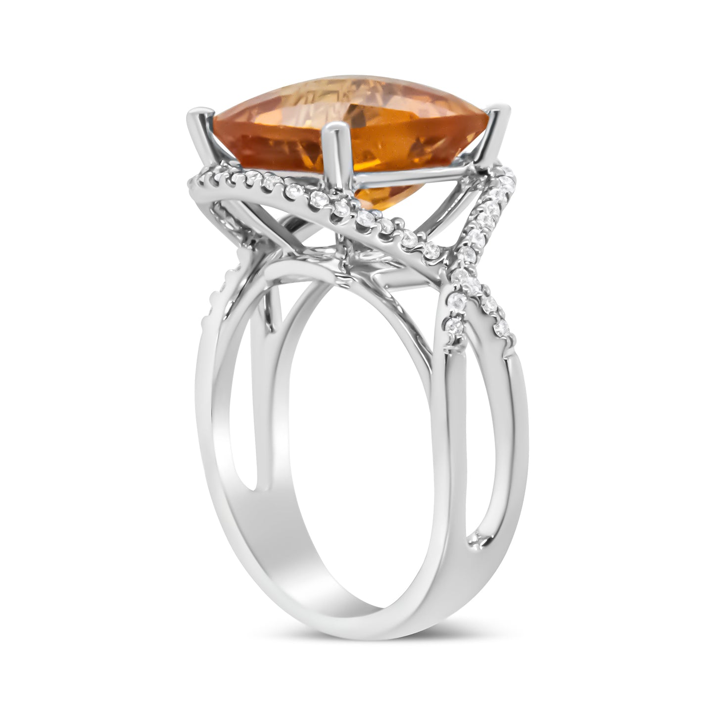 Bague en or blanc 14K avec citrine jaune taille coussin et diamants - Taille 6.5