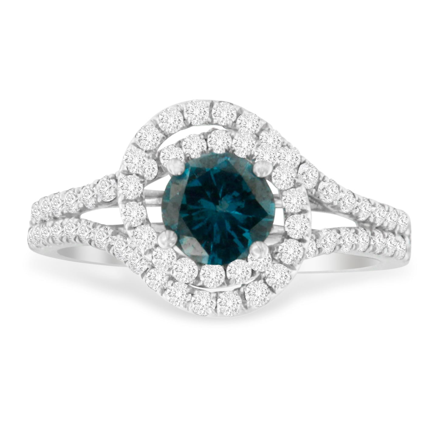 Anillo de cóctel doble halo de diamantes azules y blancos de oro blanco de 14 quilates - Talla 6