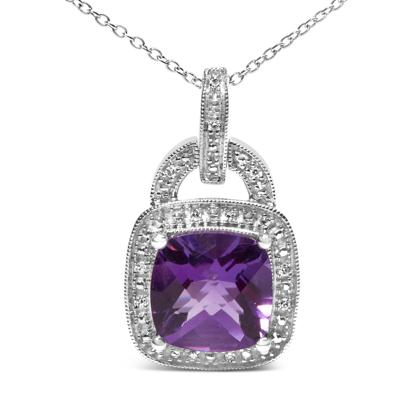 Collier Pendentif en Argent Sterling .925 avec Améthyste Pourpre en Taille Coussin et Halo de Diaman