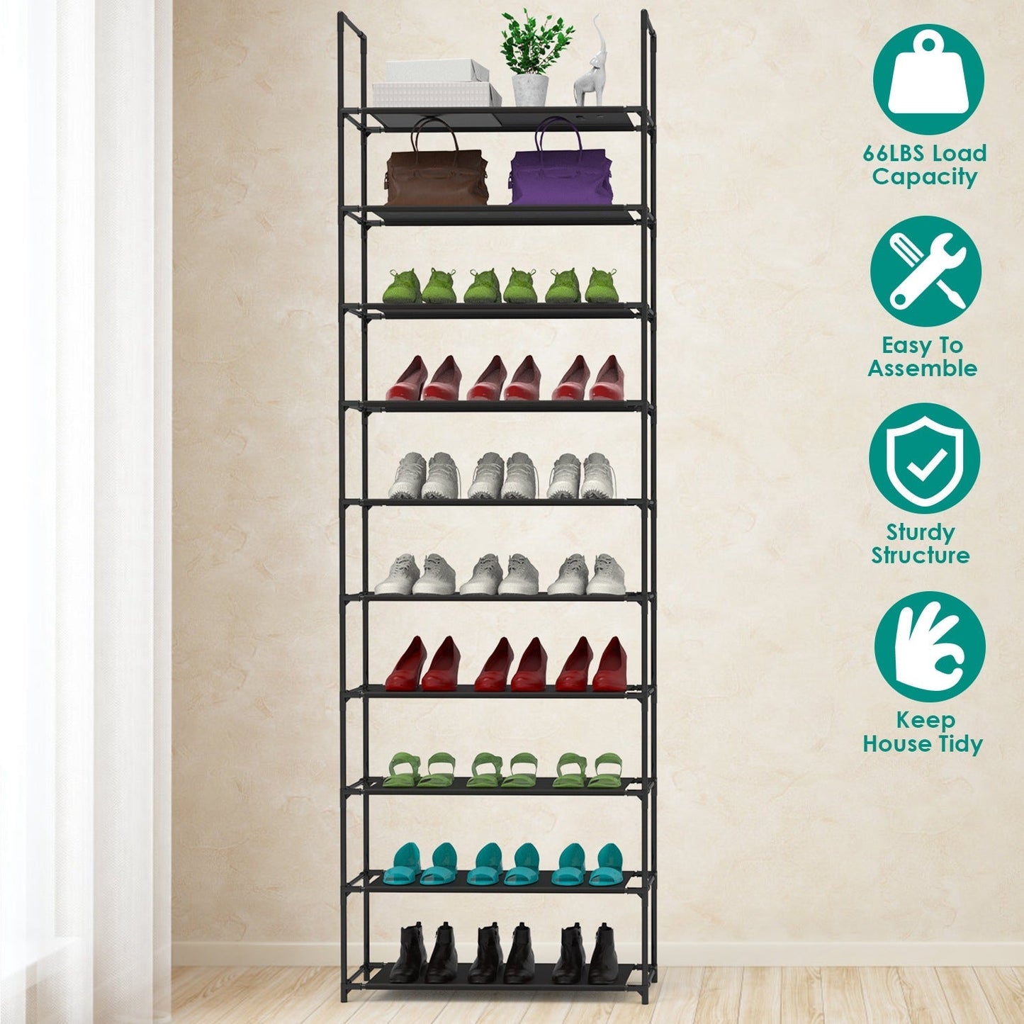 10-Tier Space-Saving Shoe Rack for 25-30 Pairs