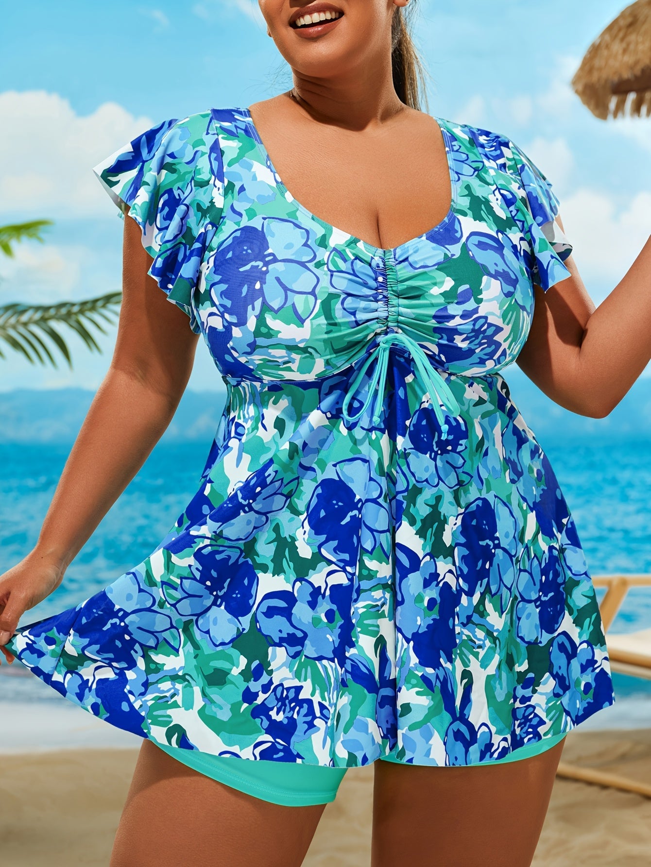 Floral Print Bandeau V Neck 2 Piece Swimsuit for Women