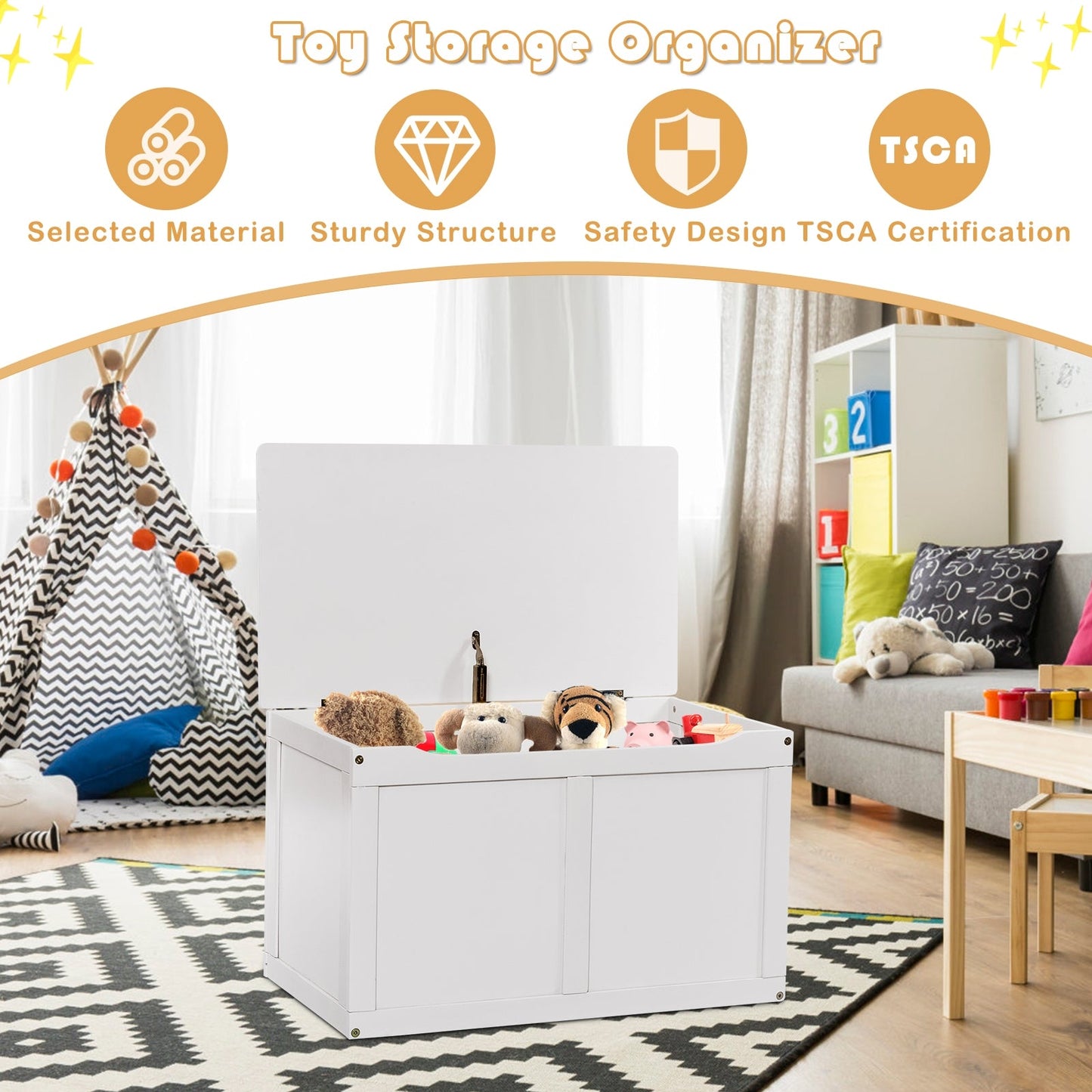 Safety Hinge Wooden Chest Organizer - White