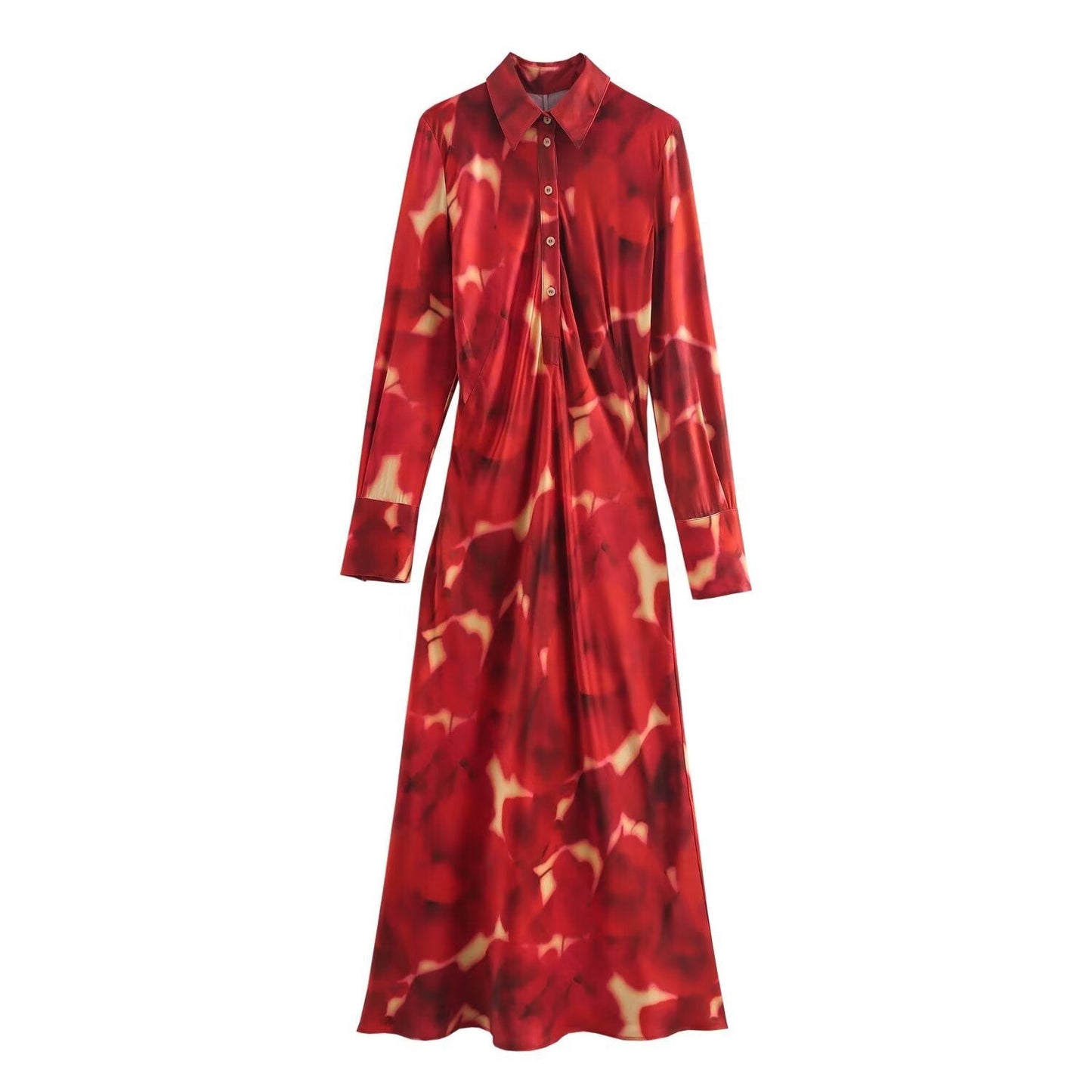 Elegant Printed Long Skirt Dress with Flip Collar