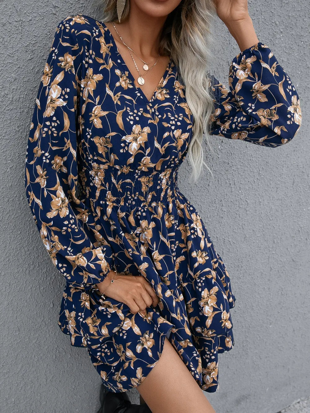 Floral Layered Surplice Balloon Sleeve Dress - Korvel