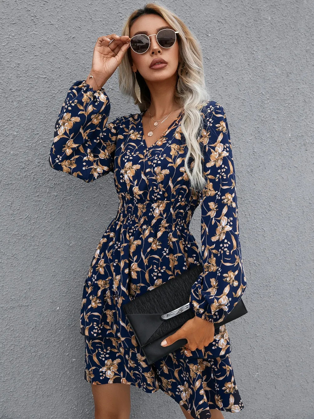 Floral Layered Surplice Balloon Sleeve Dress - Korvel