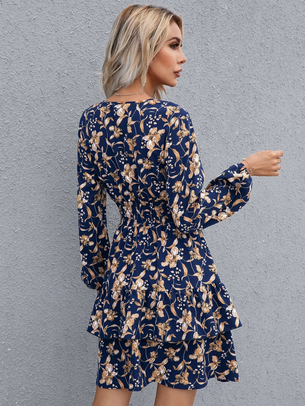 Floral Layered Surplice Balloon Sleeve Dress - Korvel