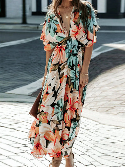 Floral Plunge Half Sleeve Dress - Korvel