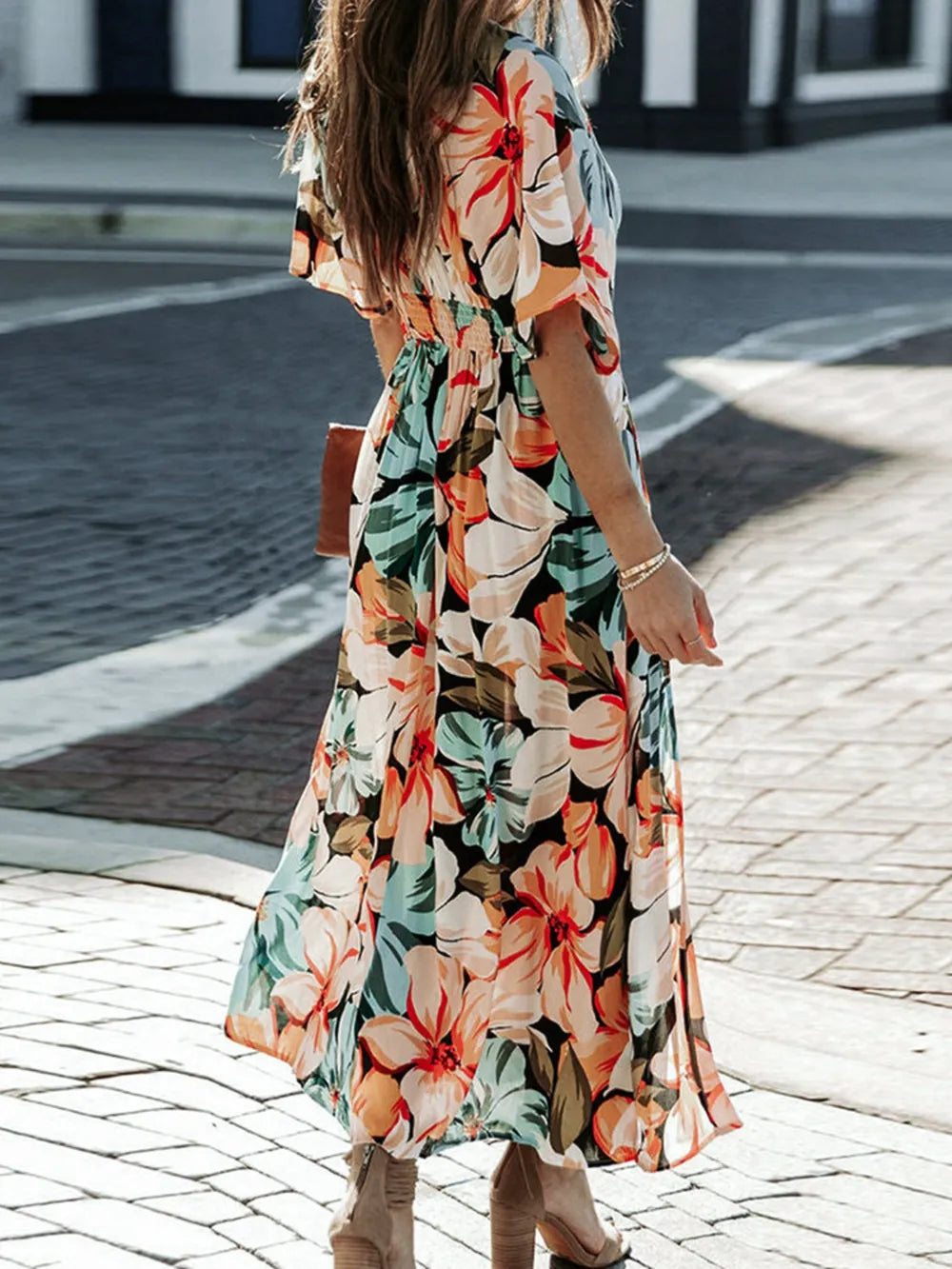 Floral Plunge Half Sleeve Dress - Korvel