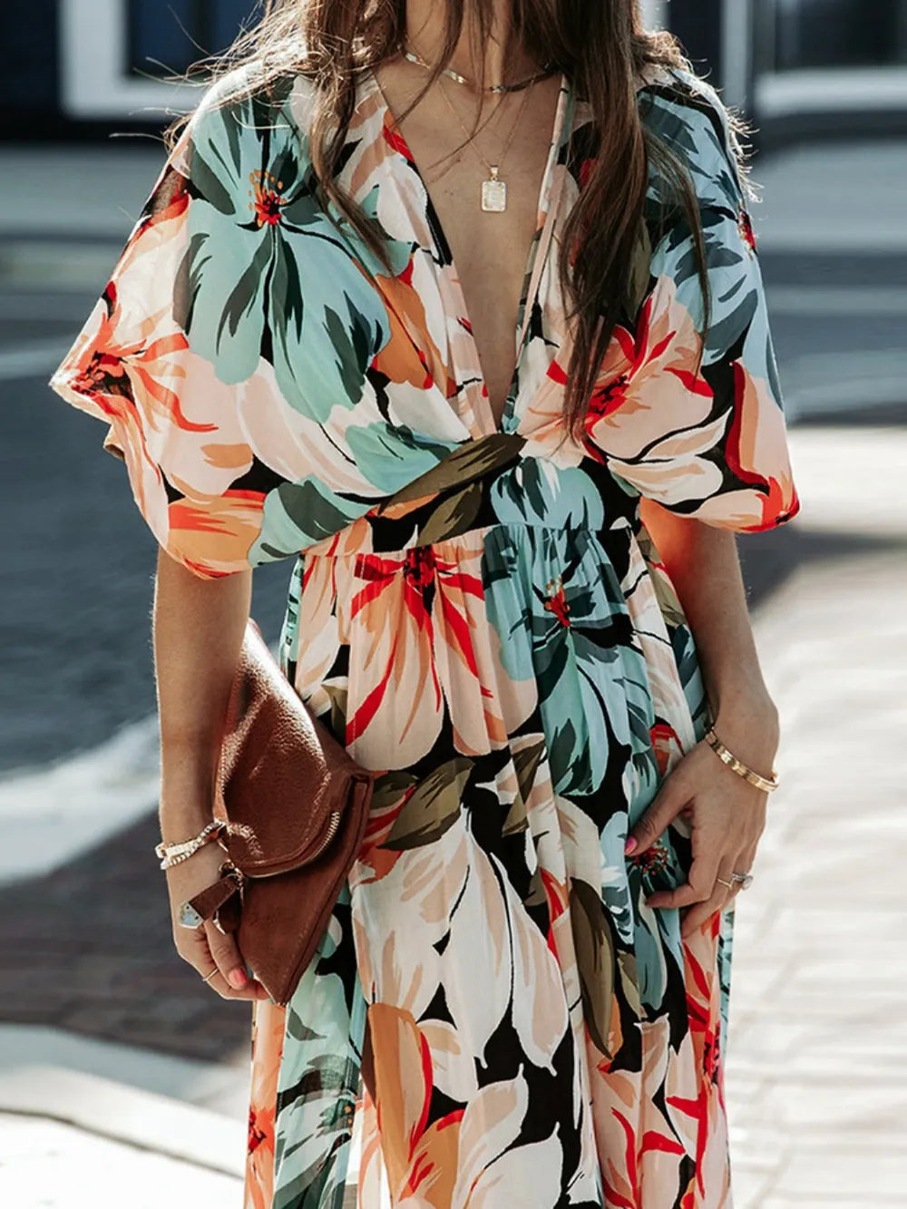 Floral Plunge Half Sleeve Dress - Korvel