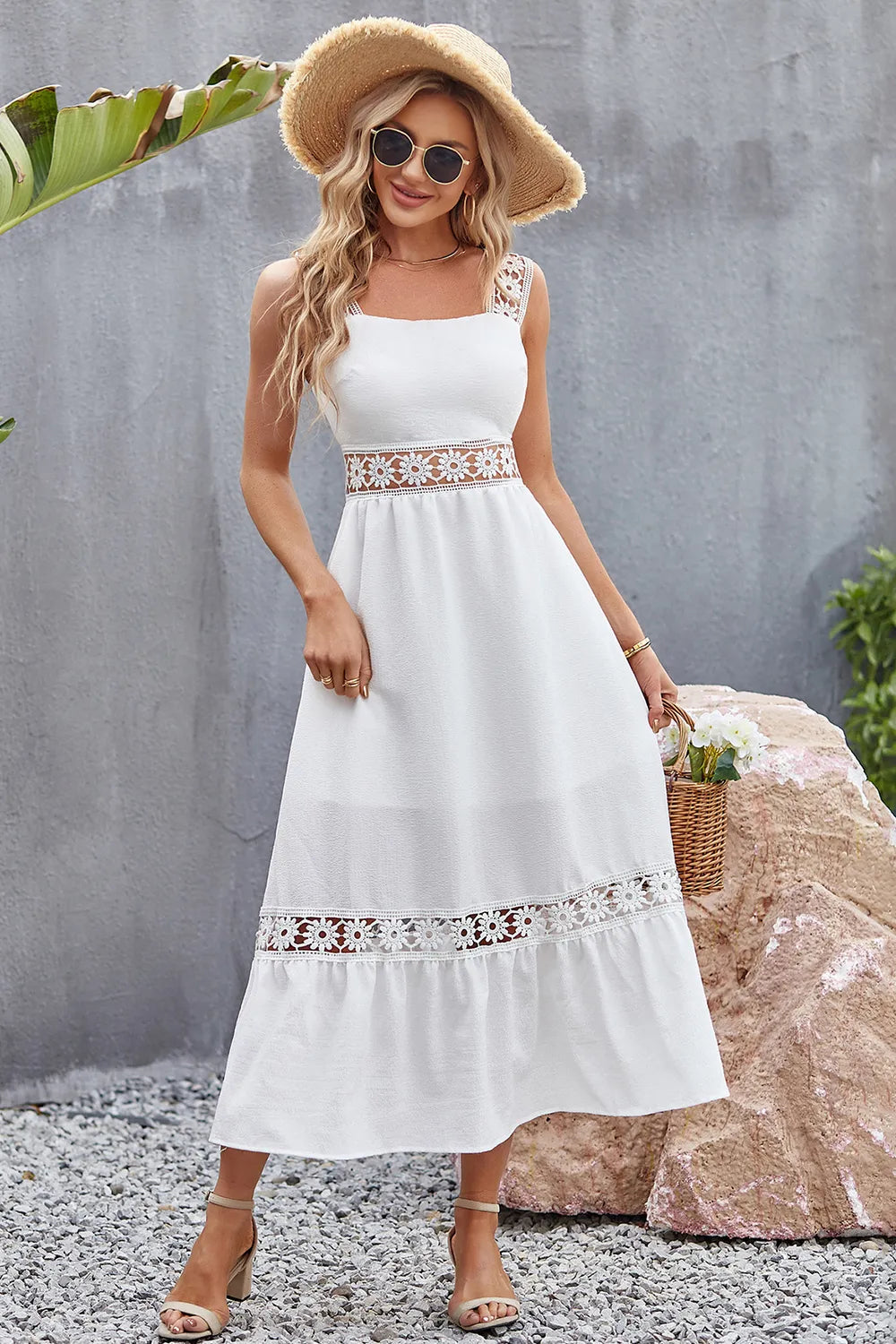 Flower Crochet Wide Strap Midi Dress - Korvel