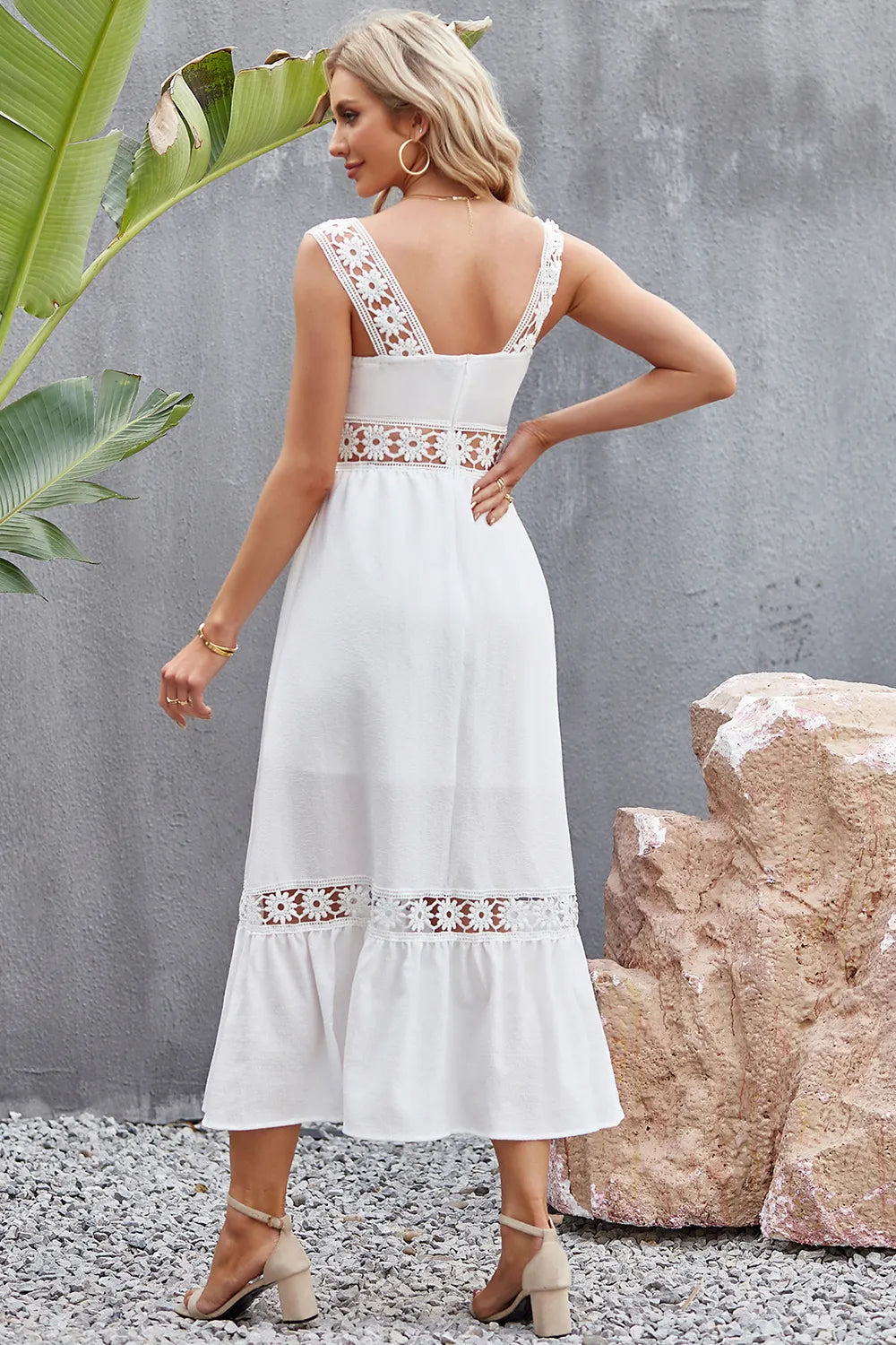 Flower Crochet Wide Strap Midi Dress - Korvel
