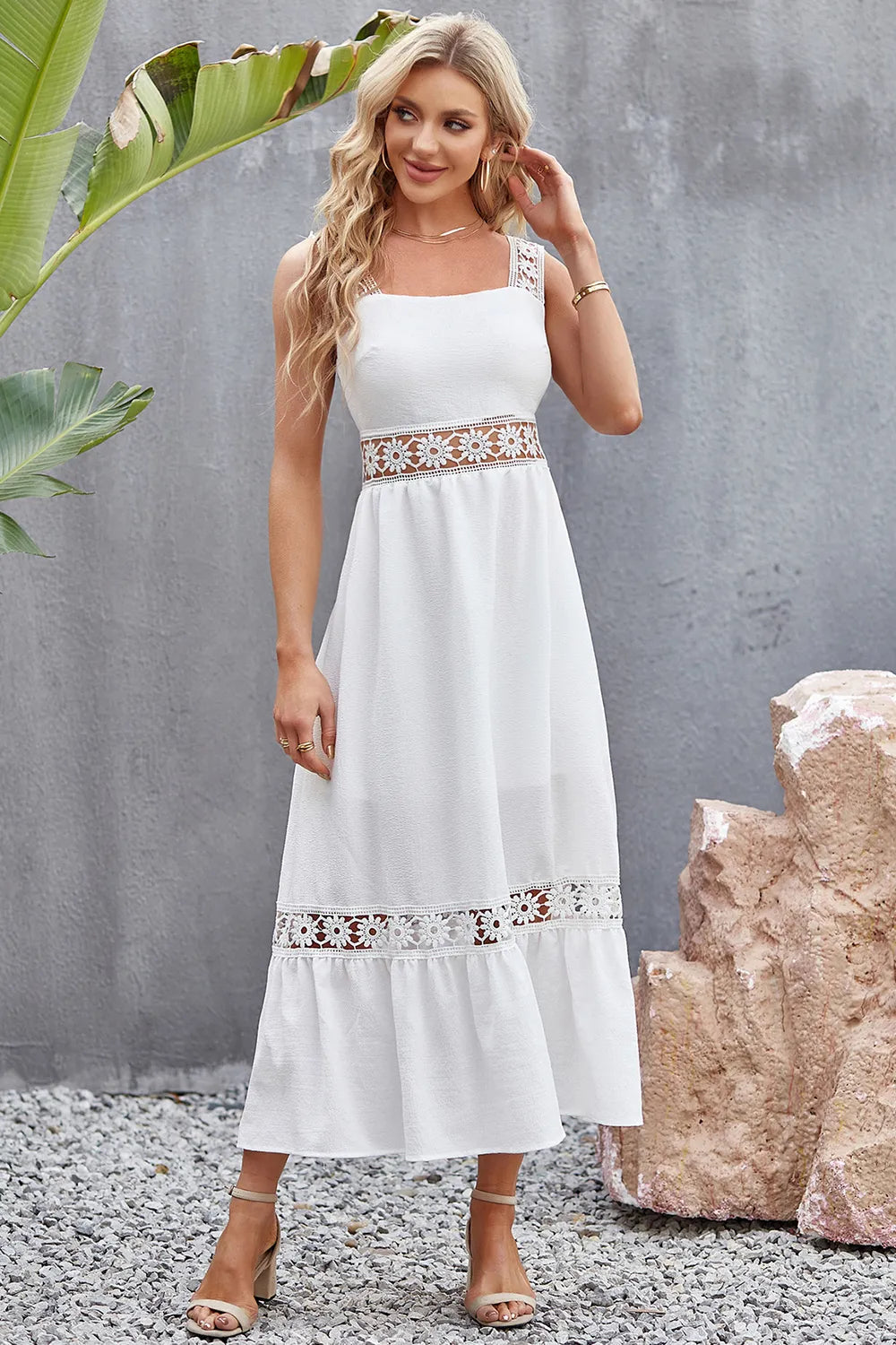Flower Crochet Wide Strap Midi Dress - Korvel