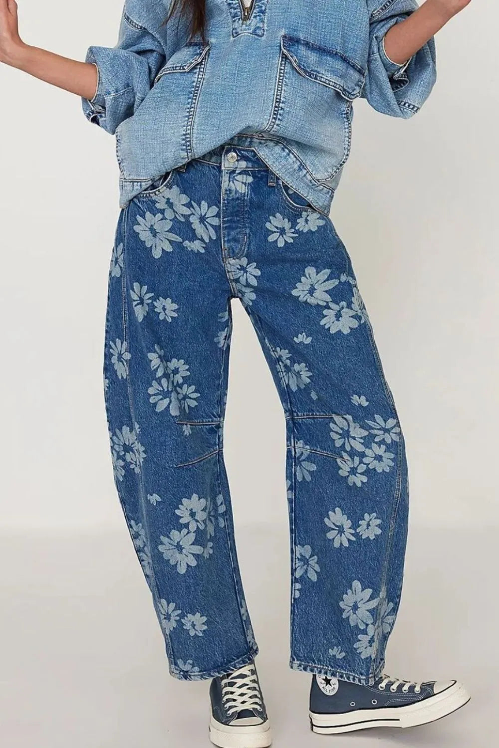 Flower Print Wide Leg Jeans - Korvel