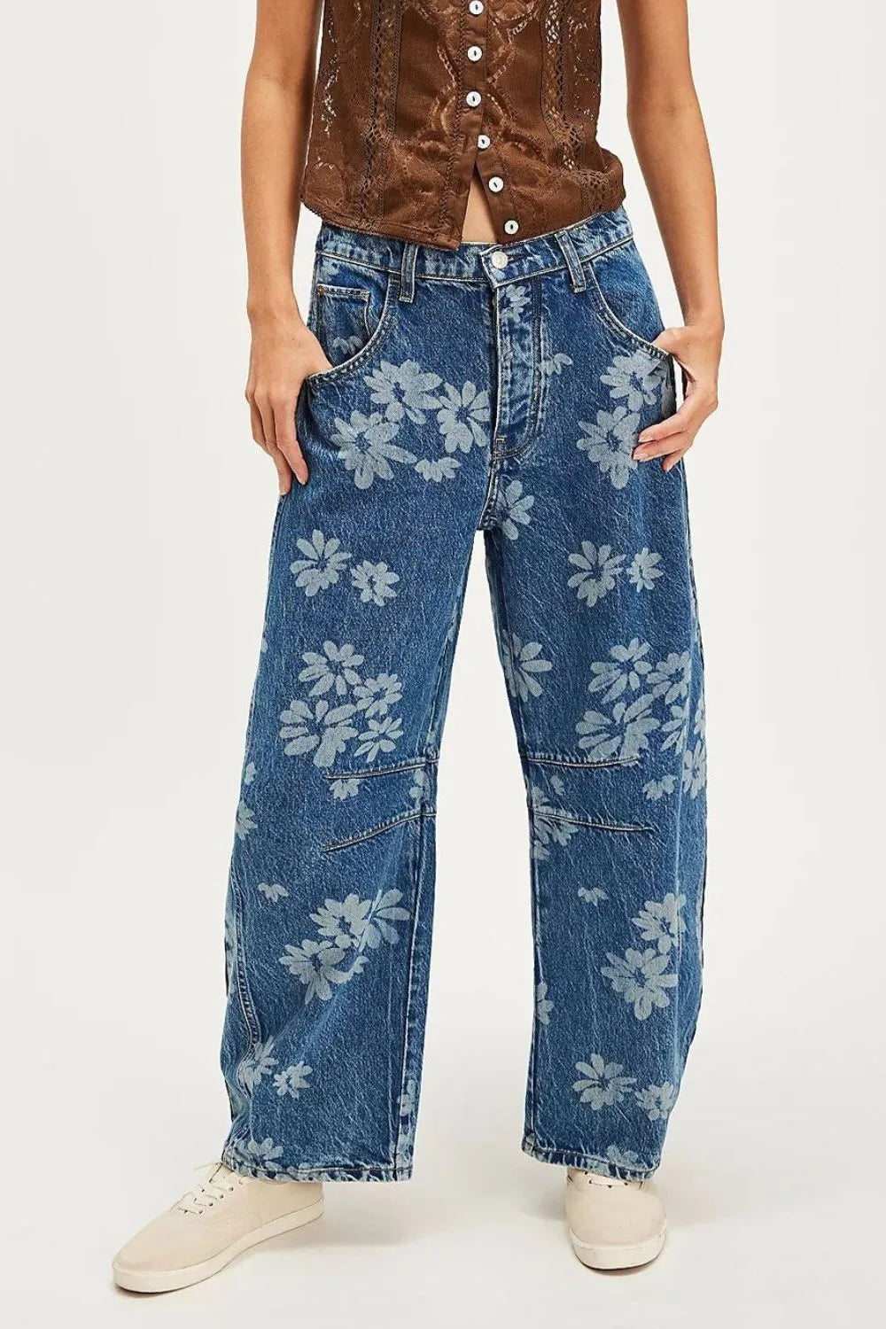 Flower Print Wide Leg Jeans - Korvel