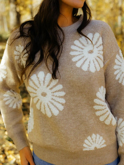 Flower Round Neck Long Sleeve Sweater - Korvel