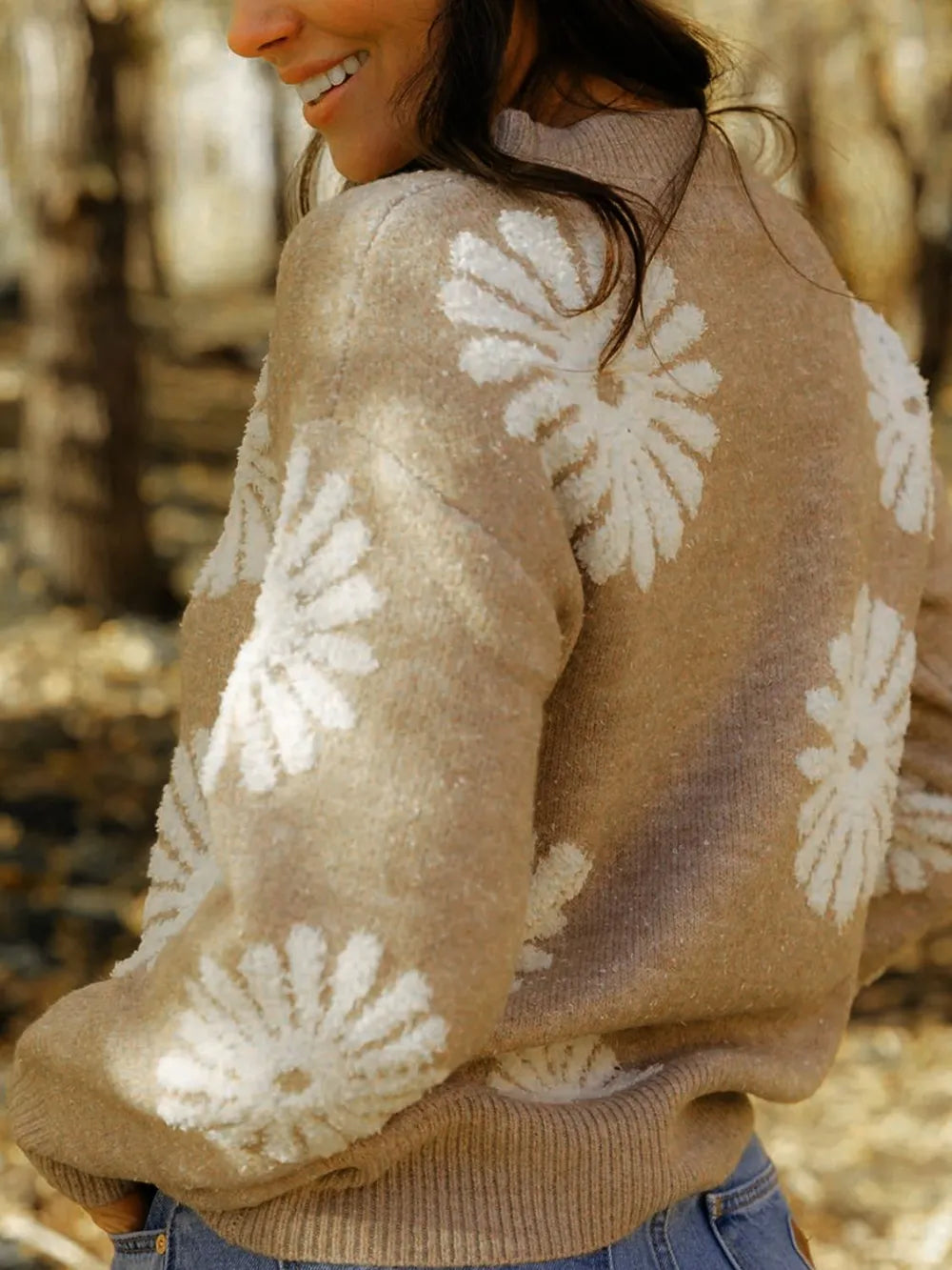 Flower Round Neck Long Sleeve Sweater - Korvel