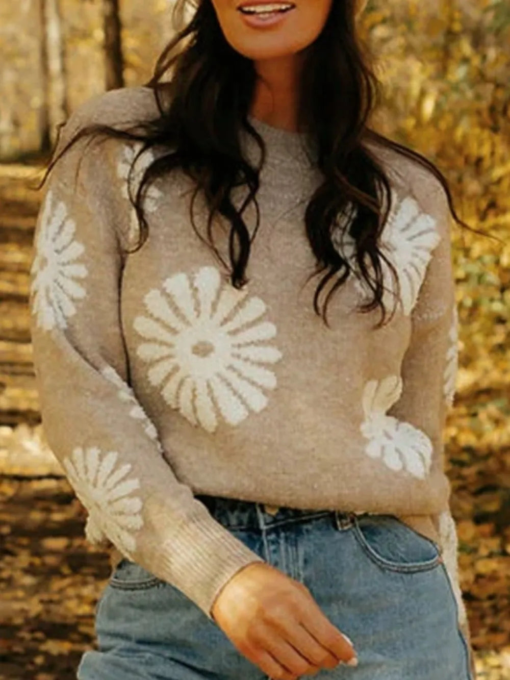 Flower Round Neck Long Sleeve Sweater - Korvel
