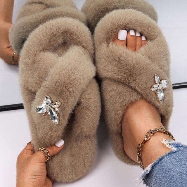 Fluffy Rhinestone Butterfly Faux Fur Slippers for Women