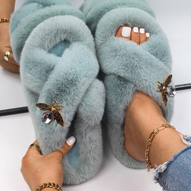 Fluffy Rhinestone Butterfly Faux Fur Slippers for Women