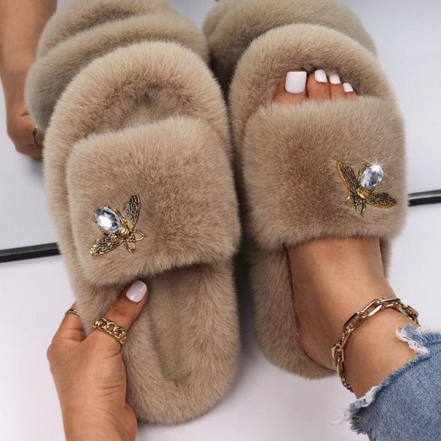 Fluffy Rhinestone Butterfly Faux Fur Slippers for Women
