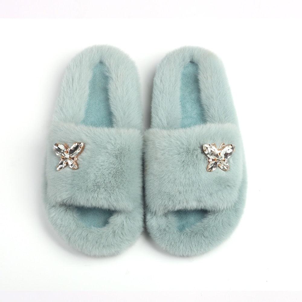 Fluffy Rhinestone Butterfly Faux Fur Slippers for Women