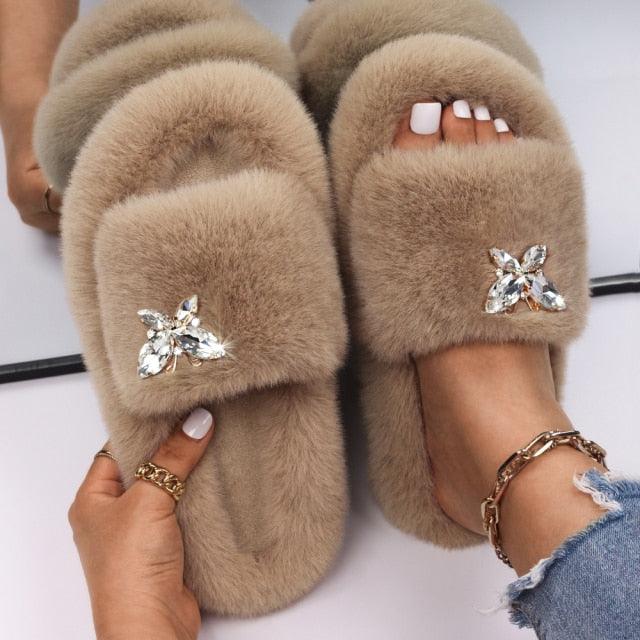 Fluffy Rhinestone Butterfly Faux Fur Slippers for Women