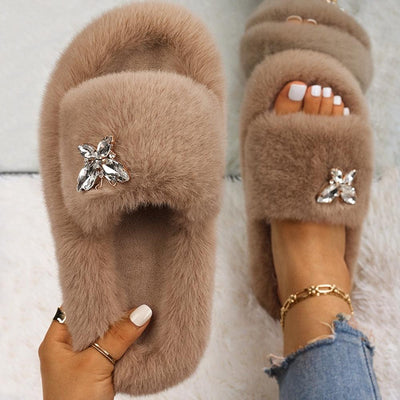 Fluffy Rhinestone Butterfly Faux Fur Slippers for Women