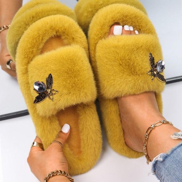 Fluffy Rhinestone Butterfly Faux Fur Slippers for Women